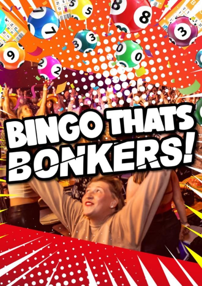 White text reads Bingo That's Bonkers against an orange graphic background with different coloured lotto balls.