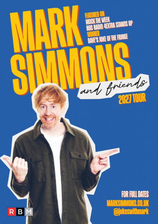 Comedian Mark Simmons stands against a plain, blue background, with text above that reads Mark Simmons & Friends.