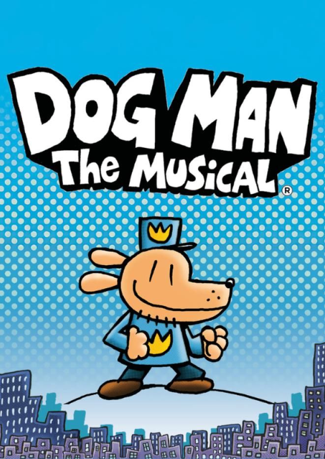 A graphic of the character Dog Man walking on a tight rope against a blue background.