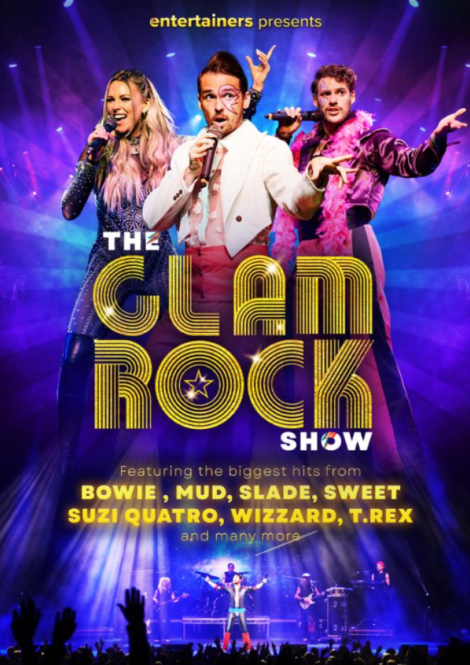 Three people singing into microphones against a blue background. Gold text in front reads The Glam Rock Show.