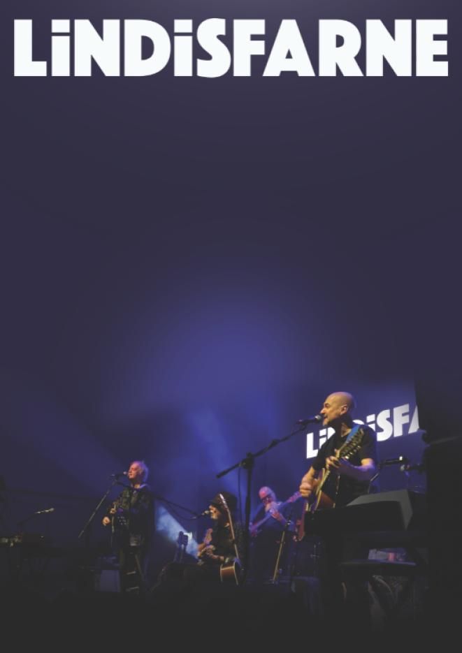 Members of a band play on stage, with white text above that reads Lindisfarne.