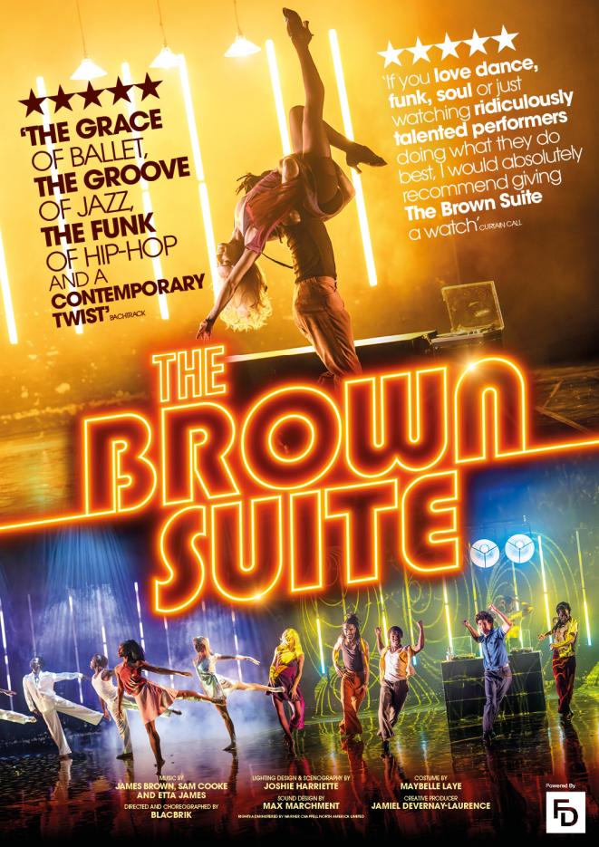 Two photos of people dancing on stage against bright lights, over the top, neon text reads The Brown Suite.