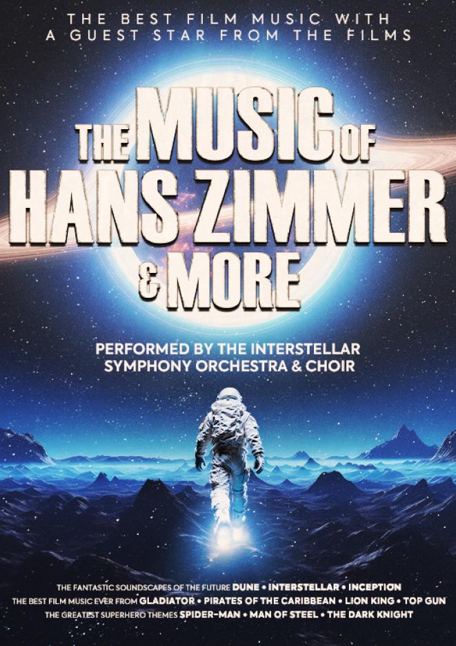 A man in a spacesuit walks along desolate land, against blue lighting, and white text saying 'The Music of Hans Zimmer & More'