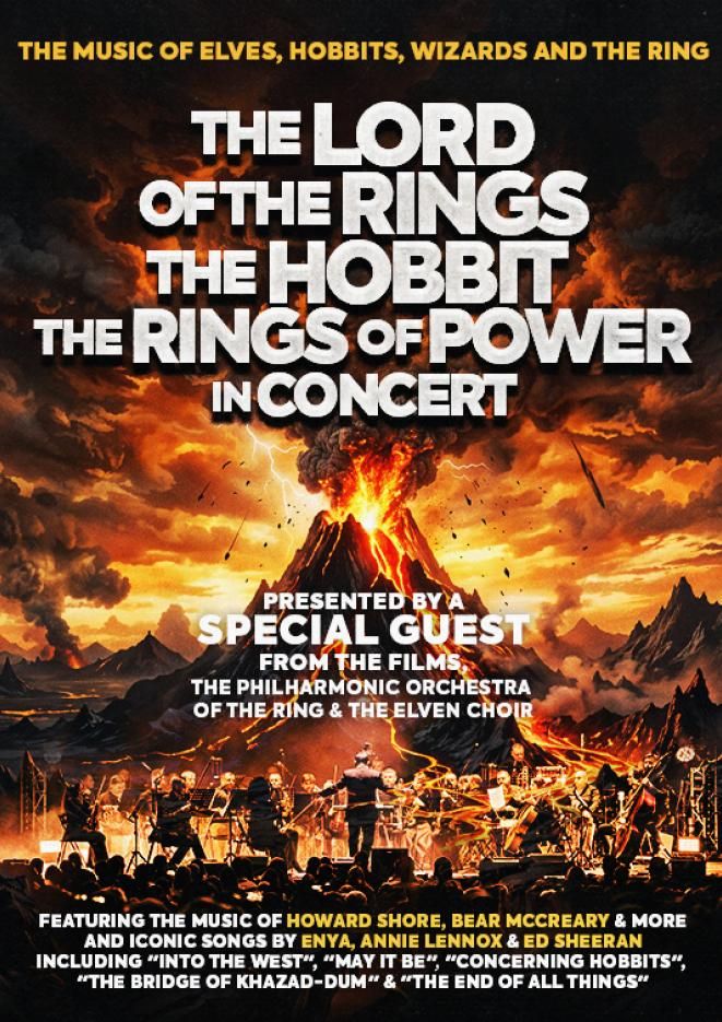 A live orchestra performing in front of a volcano exploding, with 'The Lord of the Rings, The Hobbit, and The Rings of Power In Concert' in white text at the top.