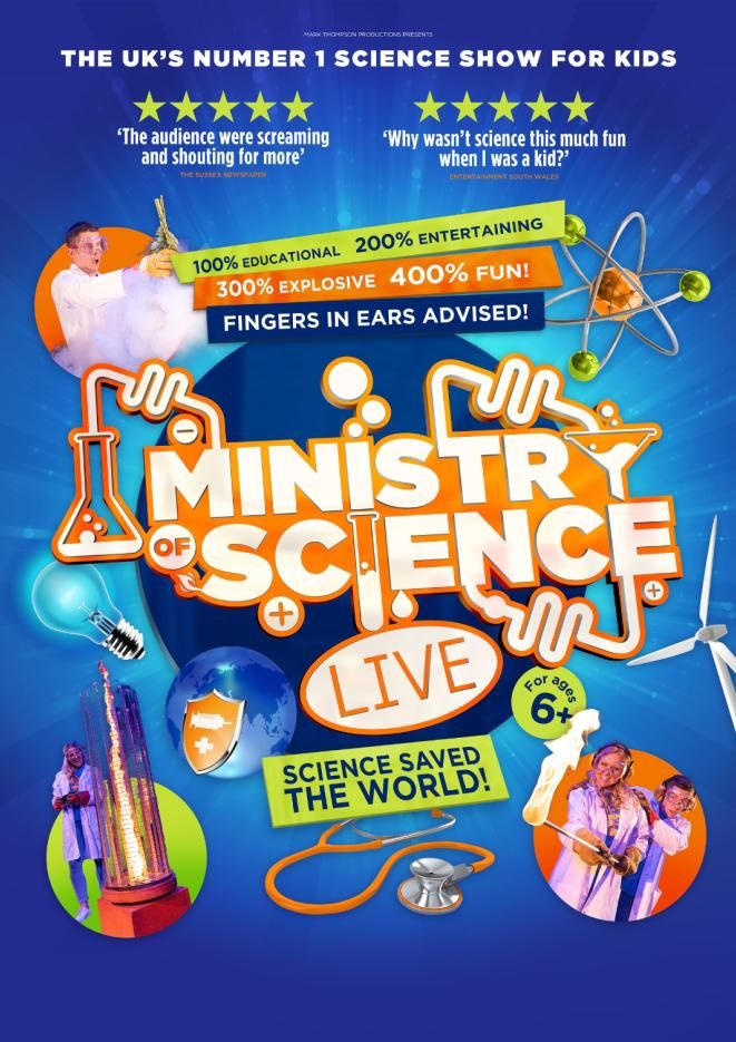 'Ministry of Science Live' in white and orange text against a blue background, with various science equipment hovering around it
