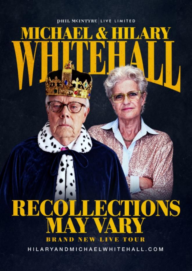 Michael and Hilary Whitehall stand against a plain, black background looking serious. Yellow text below reads Recollections May Vary.