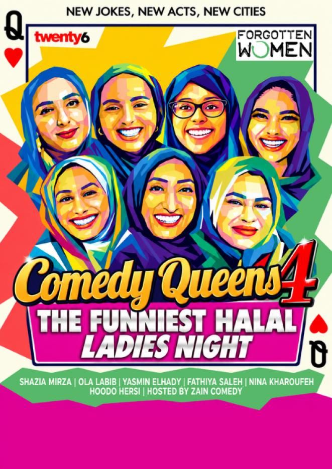 A collage of seven female comedians on a graphic of a queen of hearts card. Orange text to the bottom reads Comedy Queens.