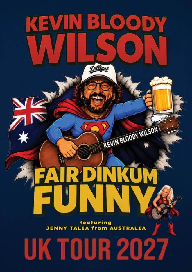 Graphic artwork of comedian and singer Kevin Bloody Wilson playing guitar and holding a beer.