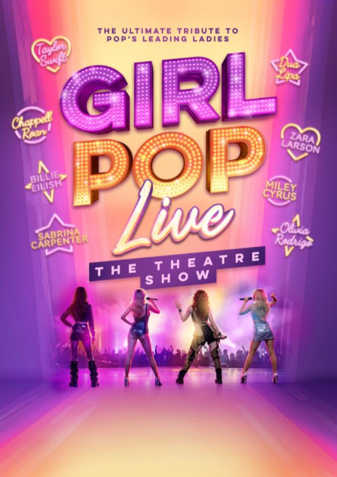 Silhouettes of four women against a purple and orange background, text above reads Girl Pop Live.