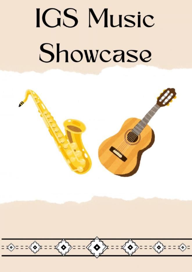 Graphics of instruments on a pale background, with text that reads IGS Music Showcase.