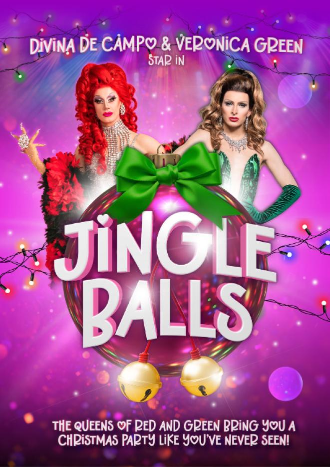 Drag queens Divina De Campo and Veronica Green stand in front of a purple background with white text in front that reads Jingle Balls.