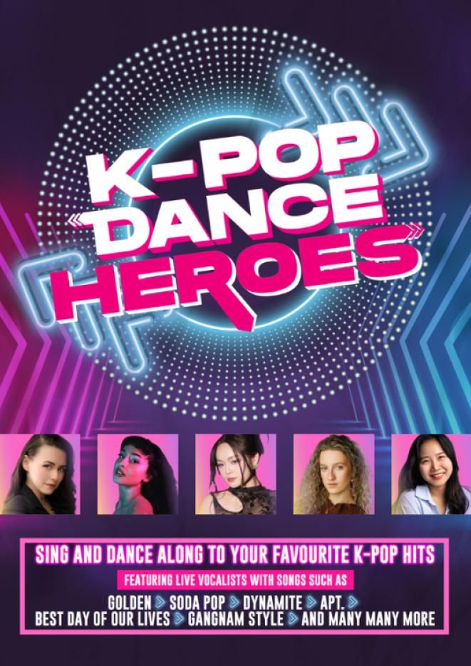 Bold text on a graphic pink and blue pattern reads K-Pop Dance Heroes. Below the text are headshots of five female dancers.